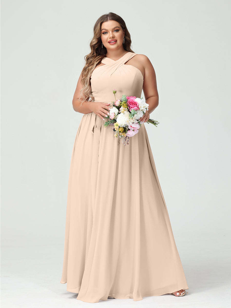 Sleeveless Plus Size Chiffon Bridesmaid Dress with Sash in A-Line/Princess Criss Cross Styles