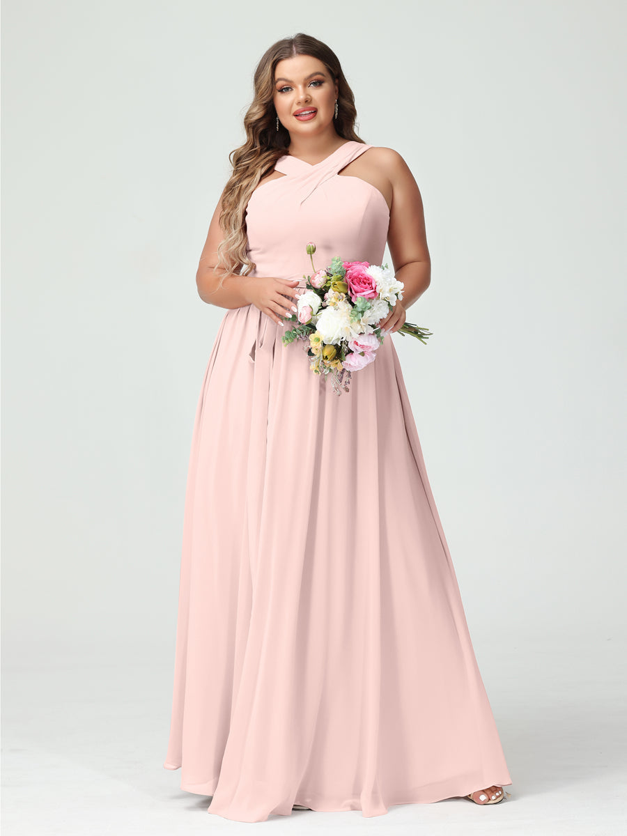Sleeveless Plus Size Chiffon Bridesmaid Dress with Sash in A-Line/Princess Criss Cross Styles