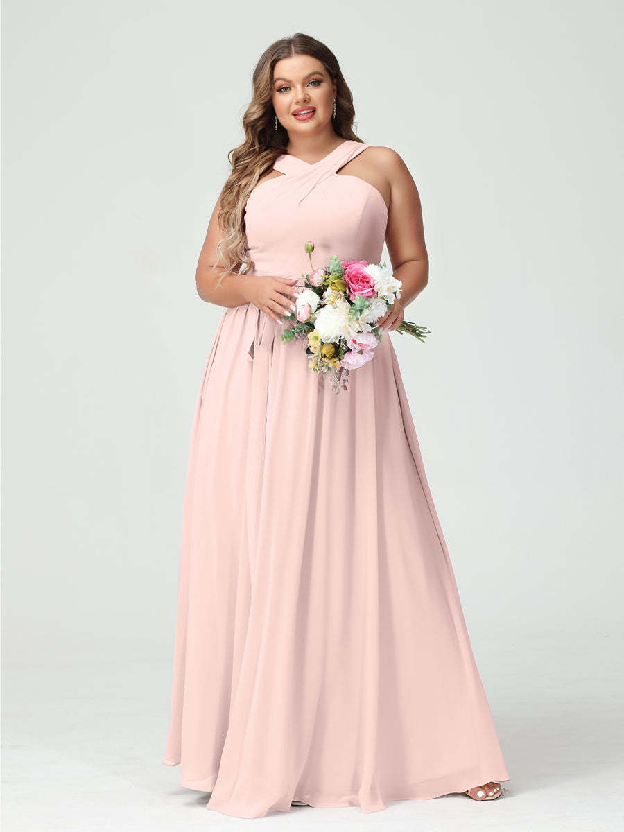 Sleeveless Plus Size Chiffon Bridesmaid Dress with Sash in A-Line/Princess Criss Cross Styles