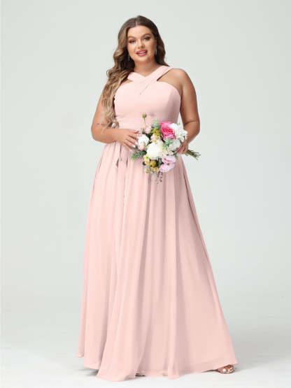 Sleeveless Plus Size Chiffon Bridesmaid Dress with Sash in A-Line/Princess Criss Cross Styles