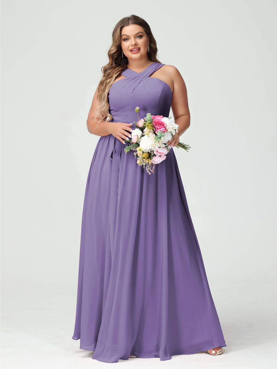 Sleeveless Plus Size Chiffon Bridesmaid Dress with Sash in A-Line/Princess Criss Cross Styles