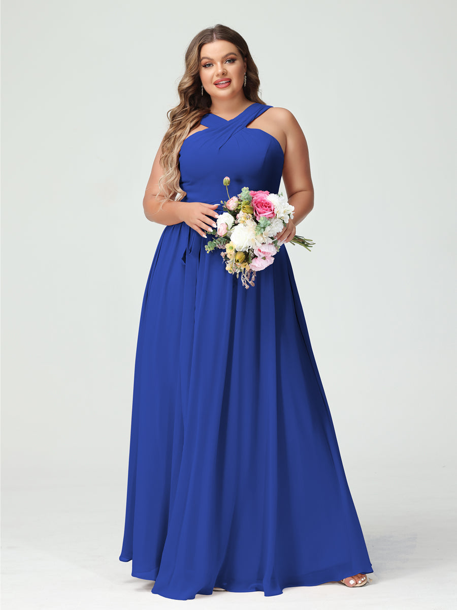 Sleeveless Plus Size Chiffon Bridesmaid Dress with Sash in A-Line/Princess Criss Cross Styles