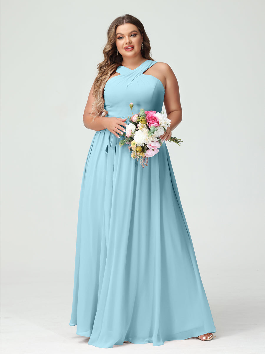 Sleeveless Plus Size Chiffon Bridesmaid Dress with Sash in A-Line/Princess Criss Cross Styles