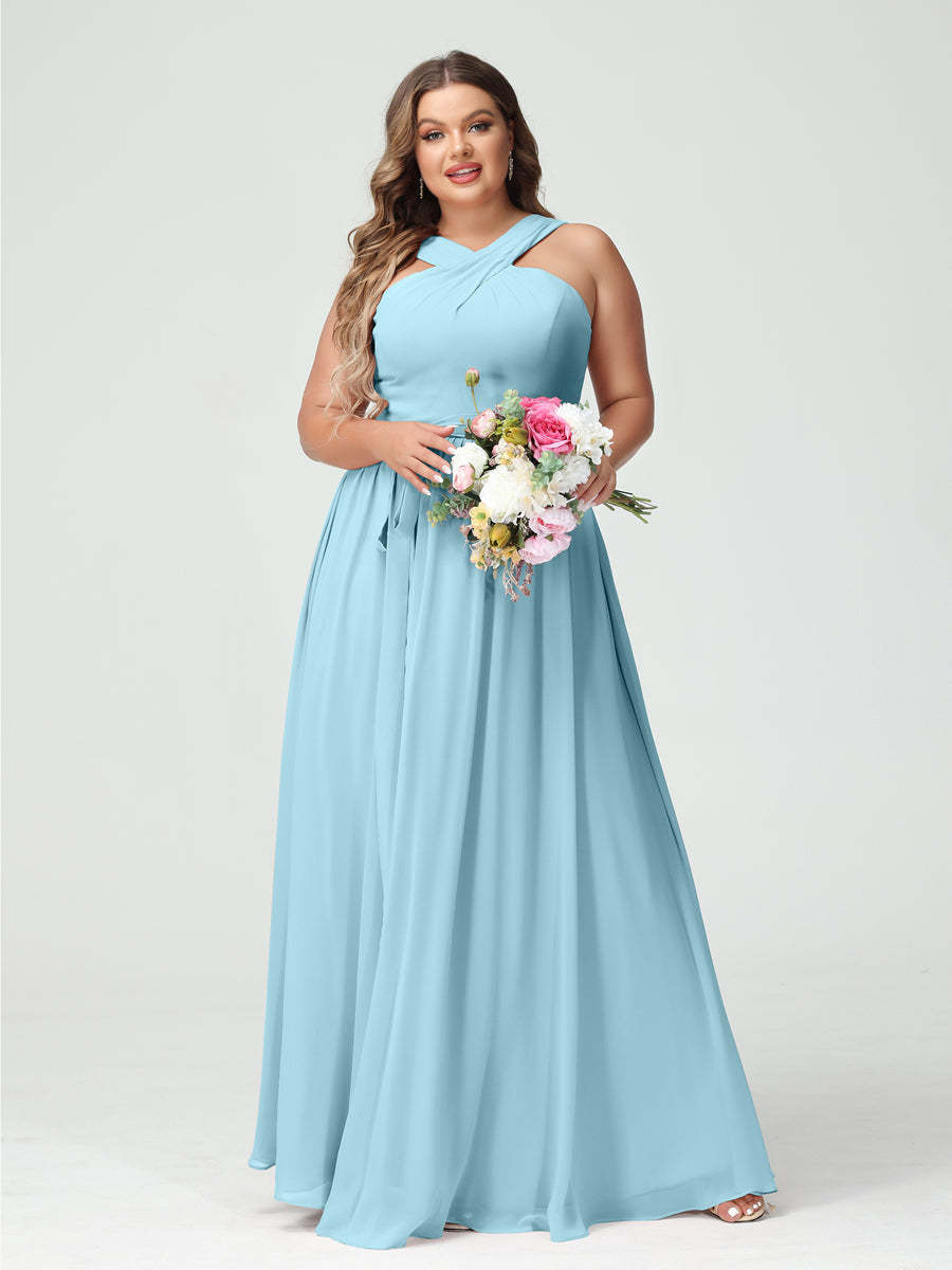 Sleeveless Plus Size Chiffon Bridesmaid Dress with Sash in A-Line/Princess Criss Cross Styles