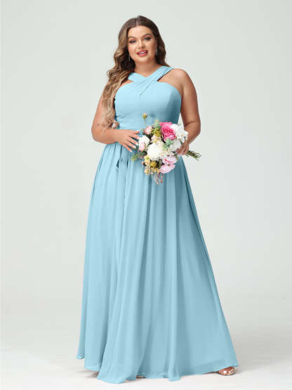 Sleeveless Plus Size Chiffon Bridesmaid Dress with Sash in A-Line/Princess Criss Cross Styles