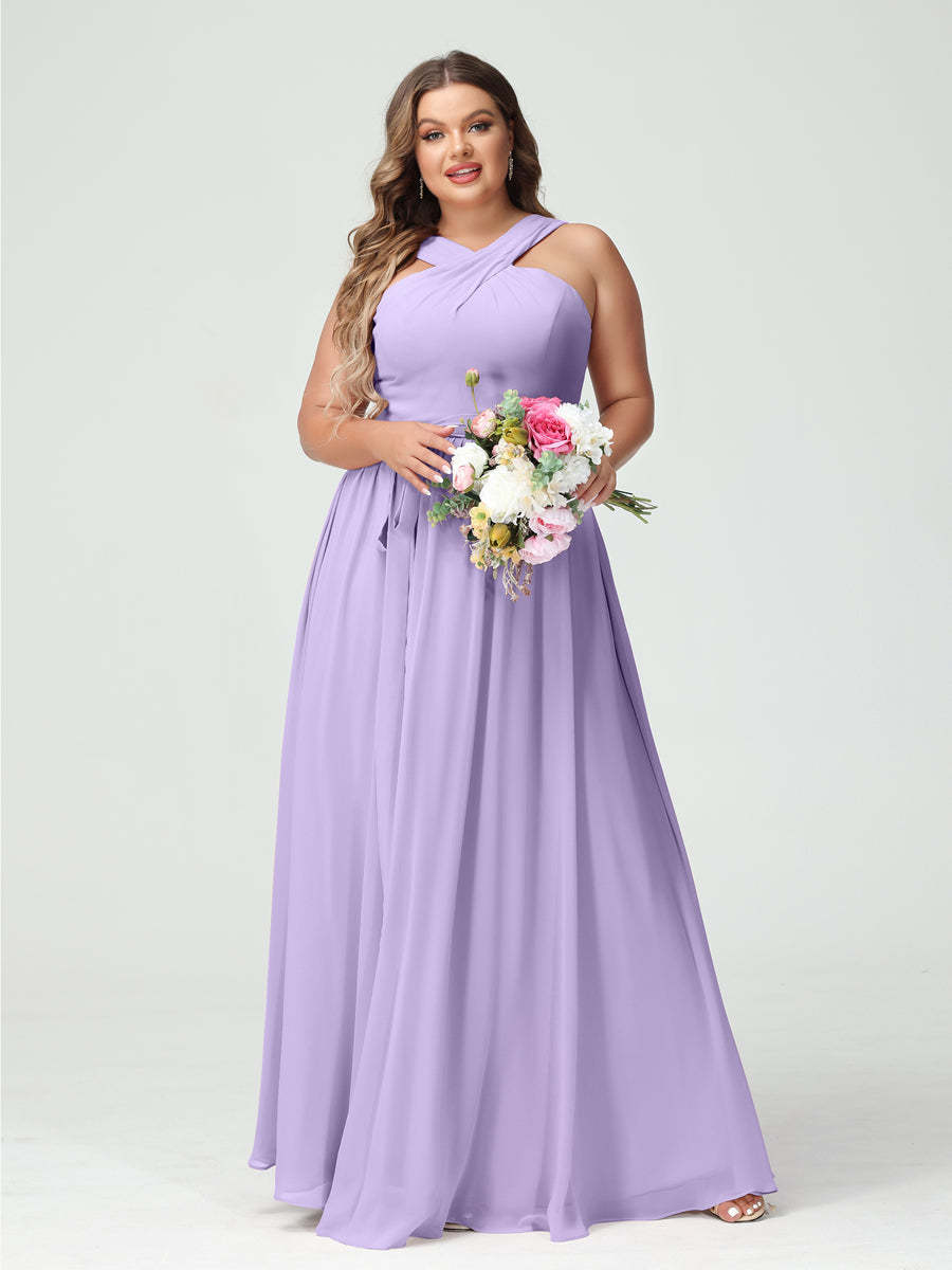 Sleeveless Plus Size Chiffon Bridesmaid Dress with Sash in A-Line/Princess Criss Cross Styles