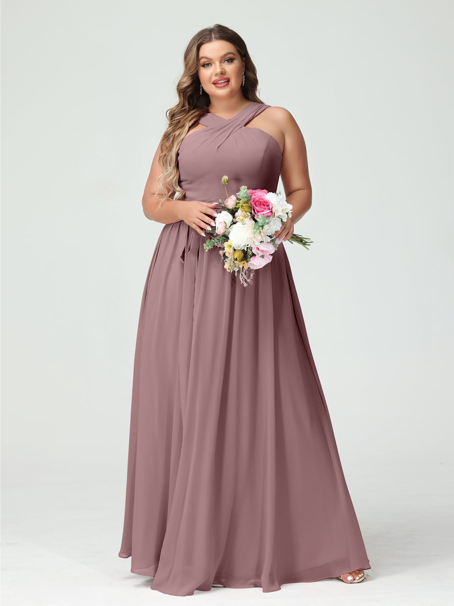 Sleeveless Plus Size Chiffon Bridesmaid Dress with Sash in A-Line/Princess Criss Cross Styles