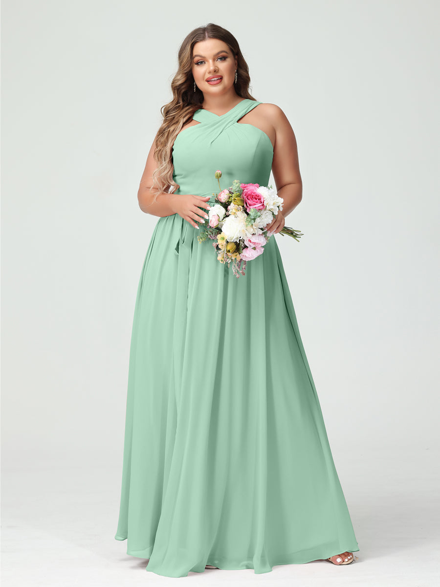 Sleeveless Plus Size Chiffon Bridesmaid Dress with Sash in A-Line/Princess Criss Cross Styles