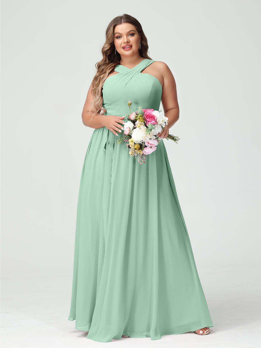 Sleeveless Plus Size Chiffon Bridesmaid Dress with Sash in A-Line/Princess Criss Cross Styles