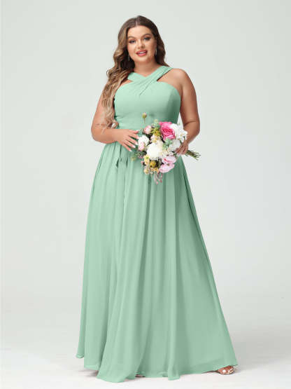 Sleeveless Plus Size Chiffon Bridesmaid Dress with Sash in A-Line/Princess Criss Cross Styles