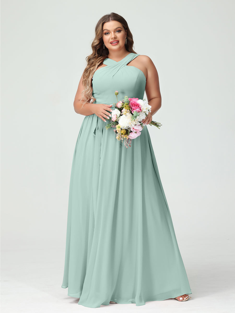 Sleeveless Plus Size Chiffon Bridesmaid Dress with Sash in A-Line/Princess Criss Cross Styles