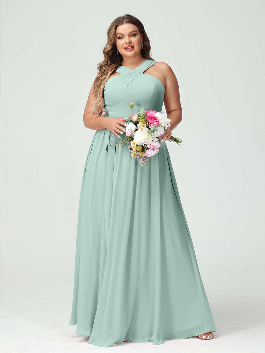 Sleeveless Plus Size Chiffon Bridesmaid Dress with Sash in A-Line/Princess Criss Cross Styles