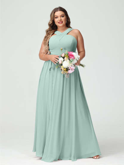 Sleeveless Plus Size Chiffon Bridesmaid Dress with Sash in A-Line/Princess Criss Cross Styles