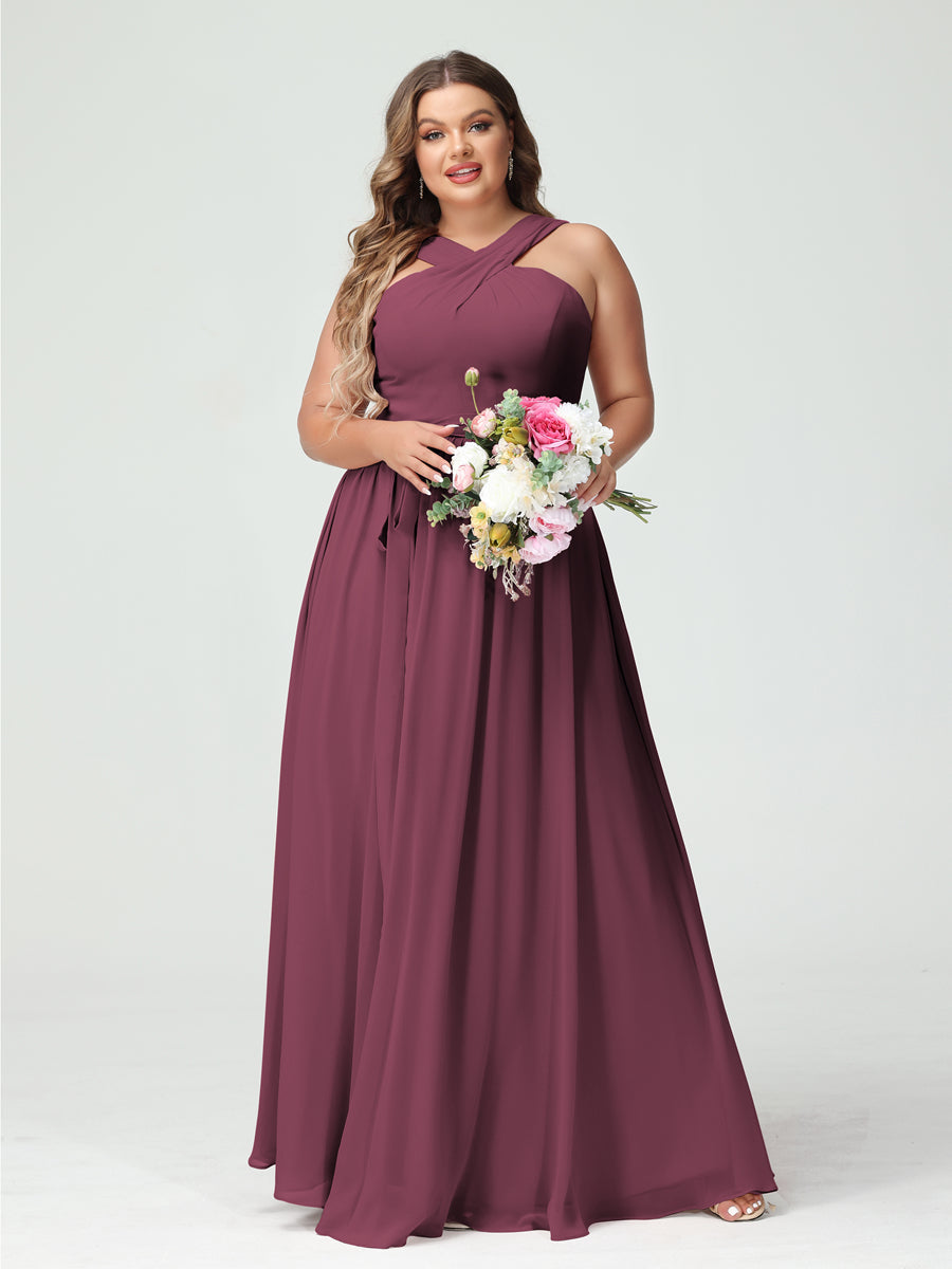 Sleeveless Plus Size Chiffon Bridesmaid Dress with Sash in A-Line/Princess Criss Cross Styles