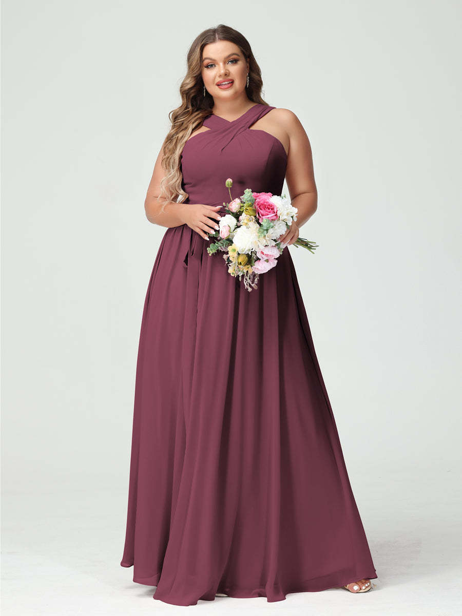 Sleeveless Plus Size Chiffon Bridesmaid Dress with Sash in A-Line/Princess Criss Cross Styles