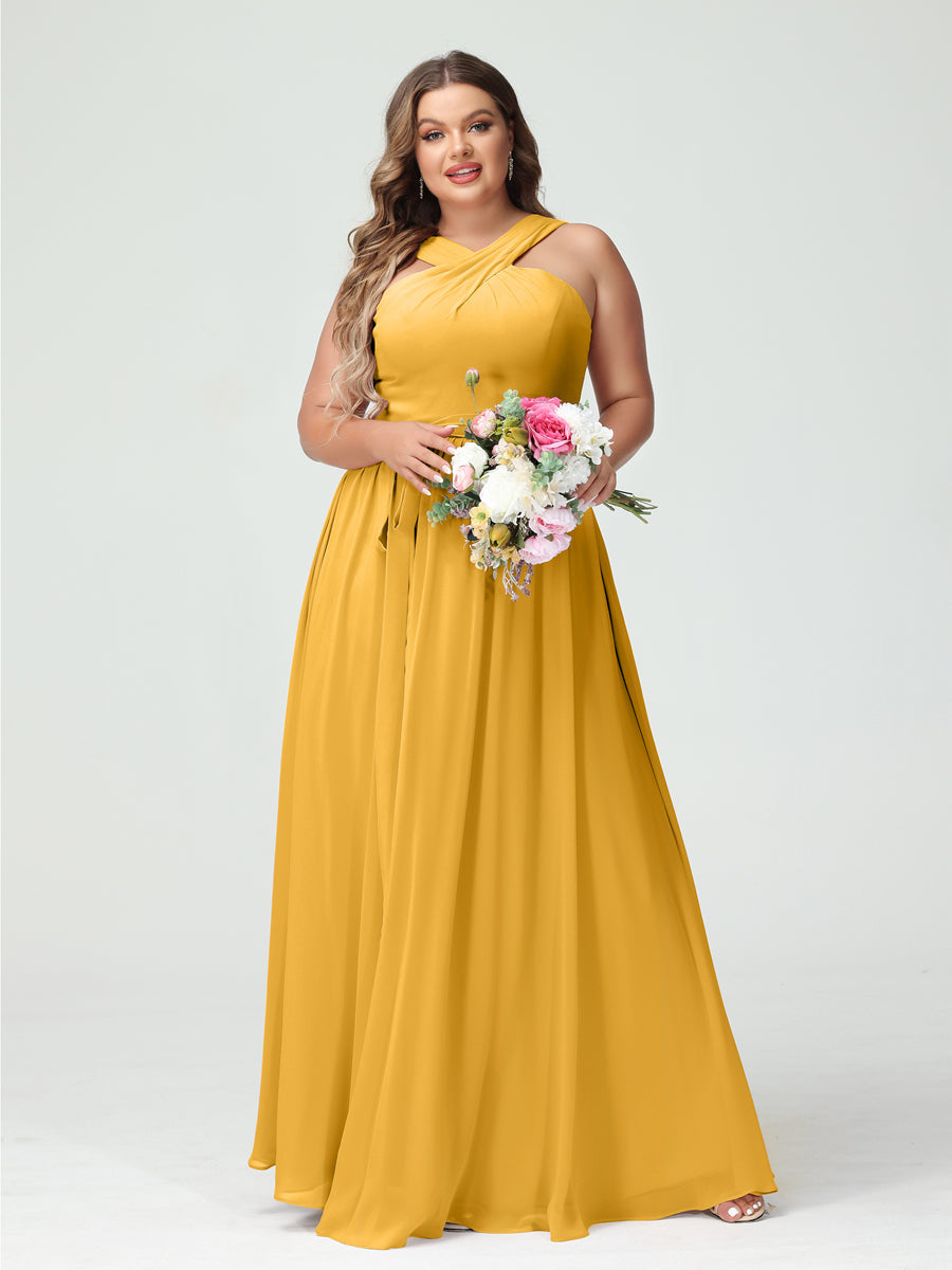 Sleeveless Plus Size Chiffon Bridesmaid Dress with Sash in A-Line/Princess Criss Cross Styles