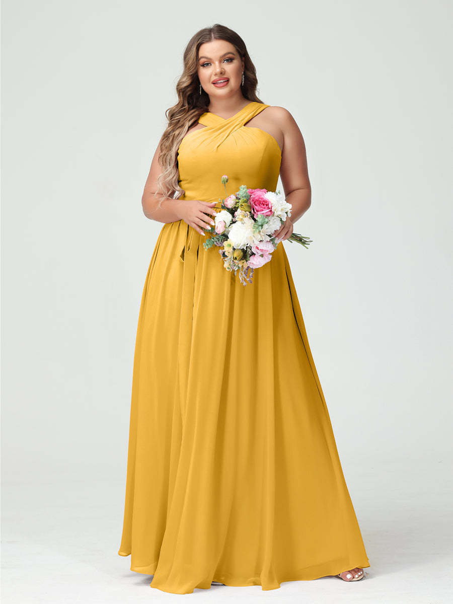 Sleeveless Plus Size Chiffon Bridesmaid Dress with Sash in A-Line/Princess Criss Cross Styles