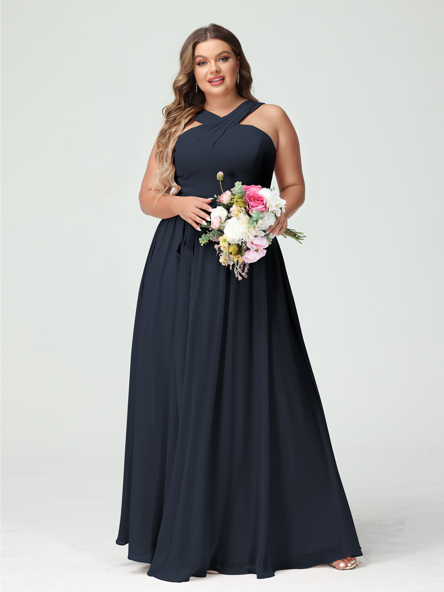 Sleeveless Plus Size Chiffon Bridesmaid Dress with Sash in A-Line/Princess Criss Cross Styles