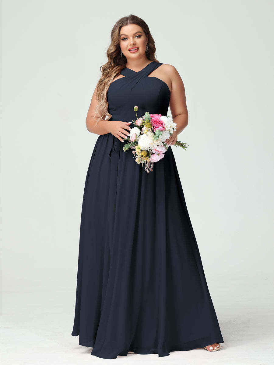 Sleeveless Plus Size Chiffon Bridesmaid Dress with Sash in A-Line/Princess Criss Cross Styles