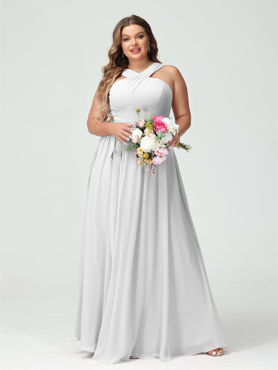 Sleeveless Plus Size Chiffon Bridesmaid Dress with Sash in A-Line/Princess Criss Cross Styles
