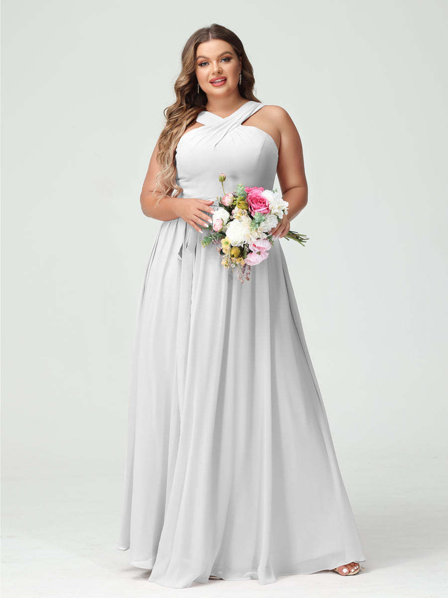 Sleeveless Plus Size Chiffon Bridesmaid Dress with Sash in A-Line/Princess Criss Cross Styles