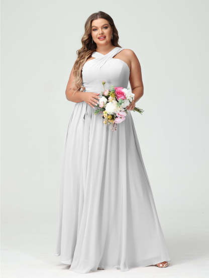 Sleeveless Plus Size Chiffon Bridesmaid Dress with Sash in A-Line/Princess Criss Cross Styles