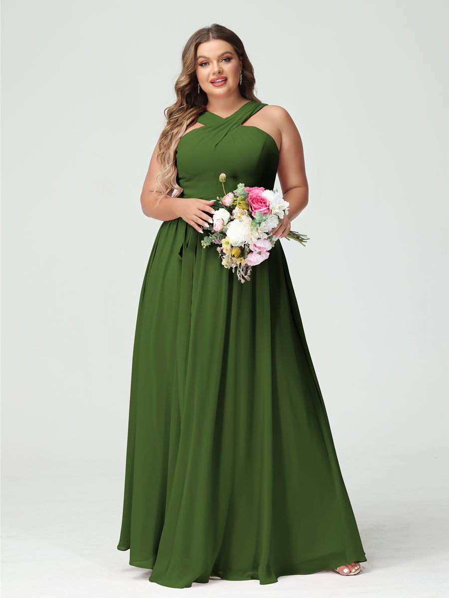 Sleeveless Plus Size Chiffon Bridesmaid Dress with Sash in A-Line/Princess Criss Cross Styles