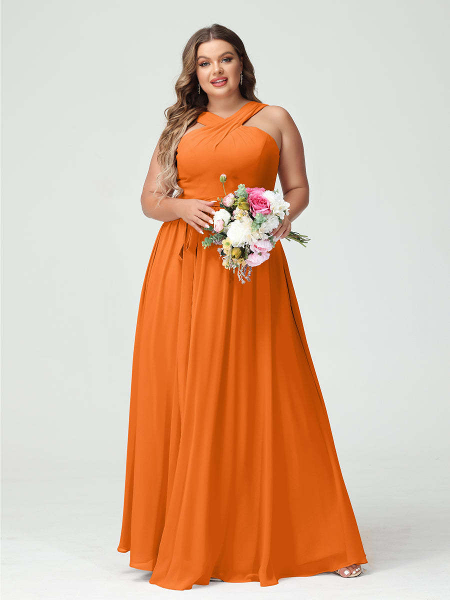Sleeveless Plus Size Chiffon Bridesmaid Dress with Sash in A-Line/Princess Criss Cross Styles