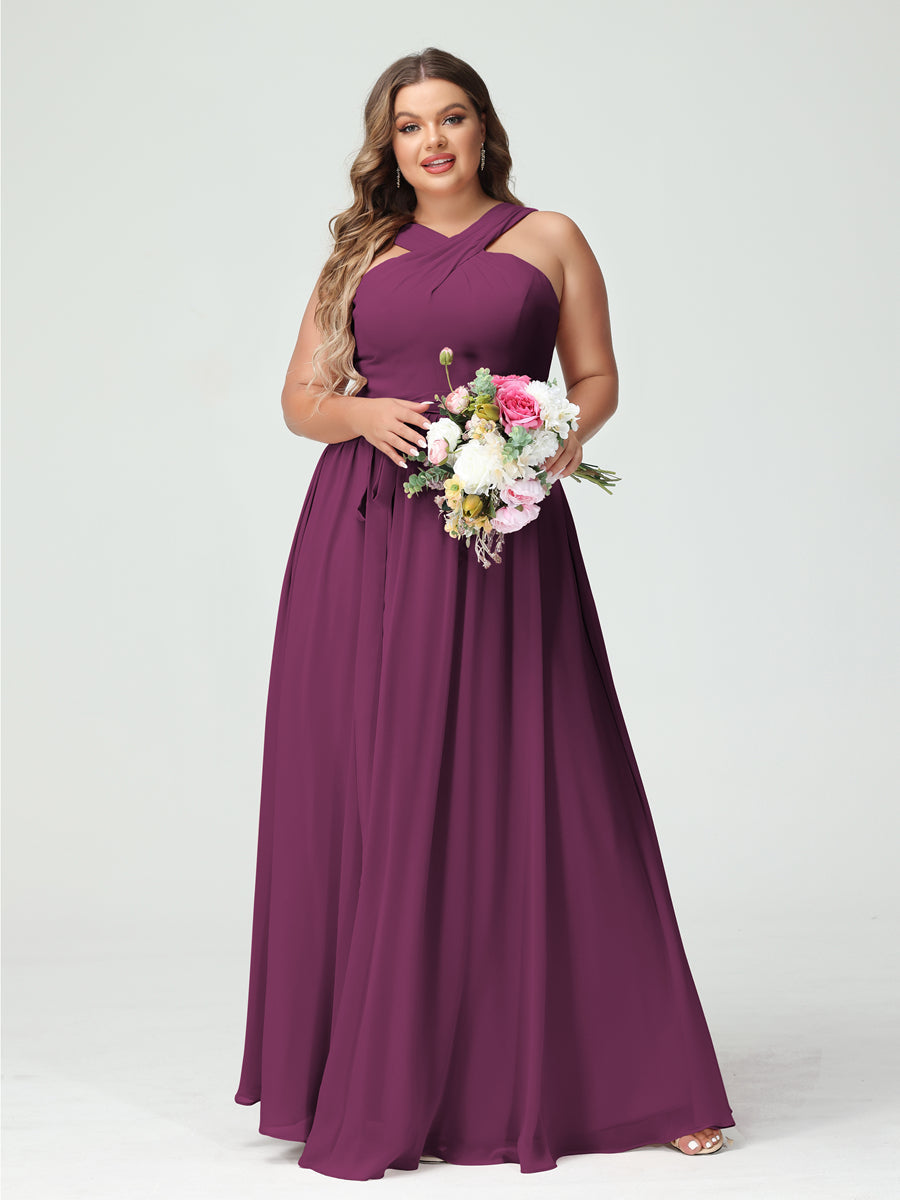Sleeveless Plus Size Chiffon Bridesmaid Dress with Sash in A-Line/Princess Criss Cross Styles