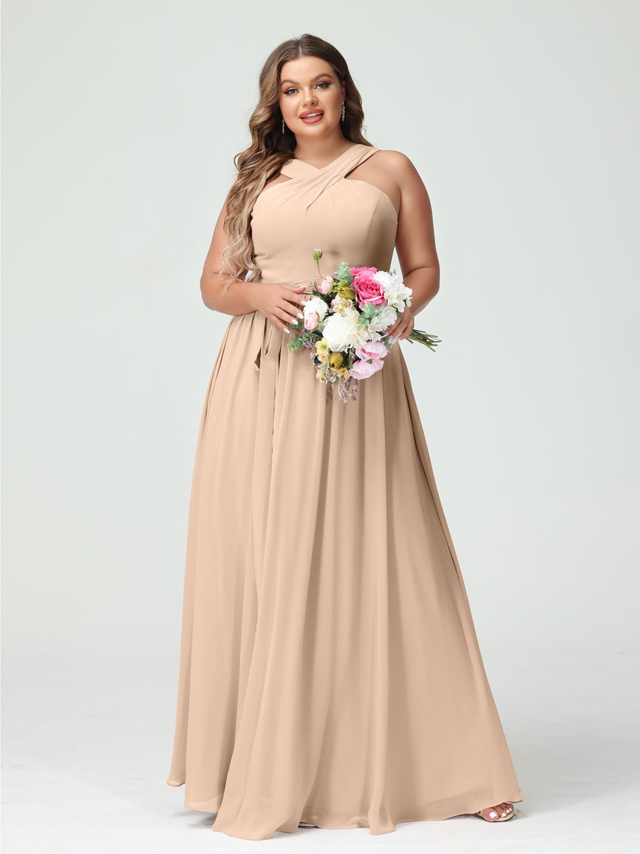 Sleeveless Plus Size Chiffon Bridesmaid Dress with Sash in A-Line/Princess Criss Cross Styles