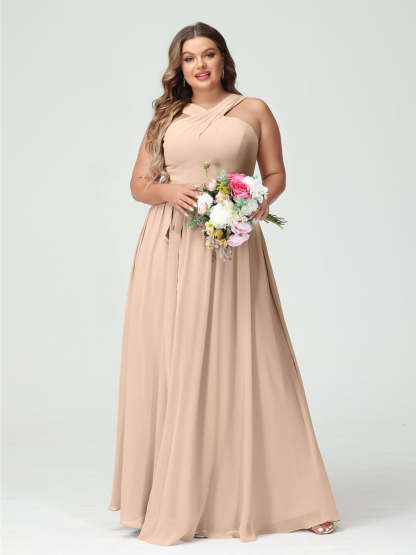 Sleeveless Plus Size Chiffon Bridesmaid Dress with Sash in A-Line/Princess Criss Cross Styles