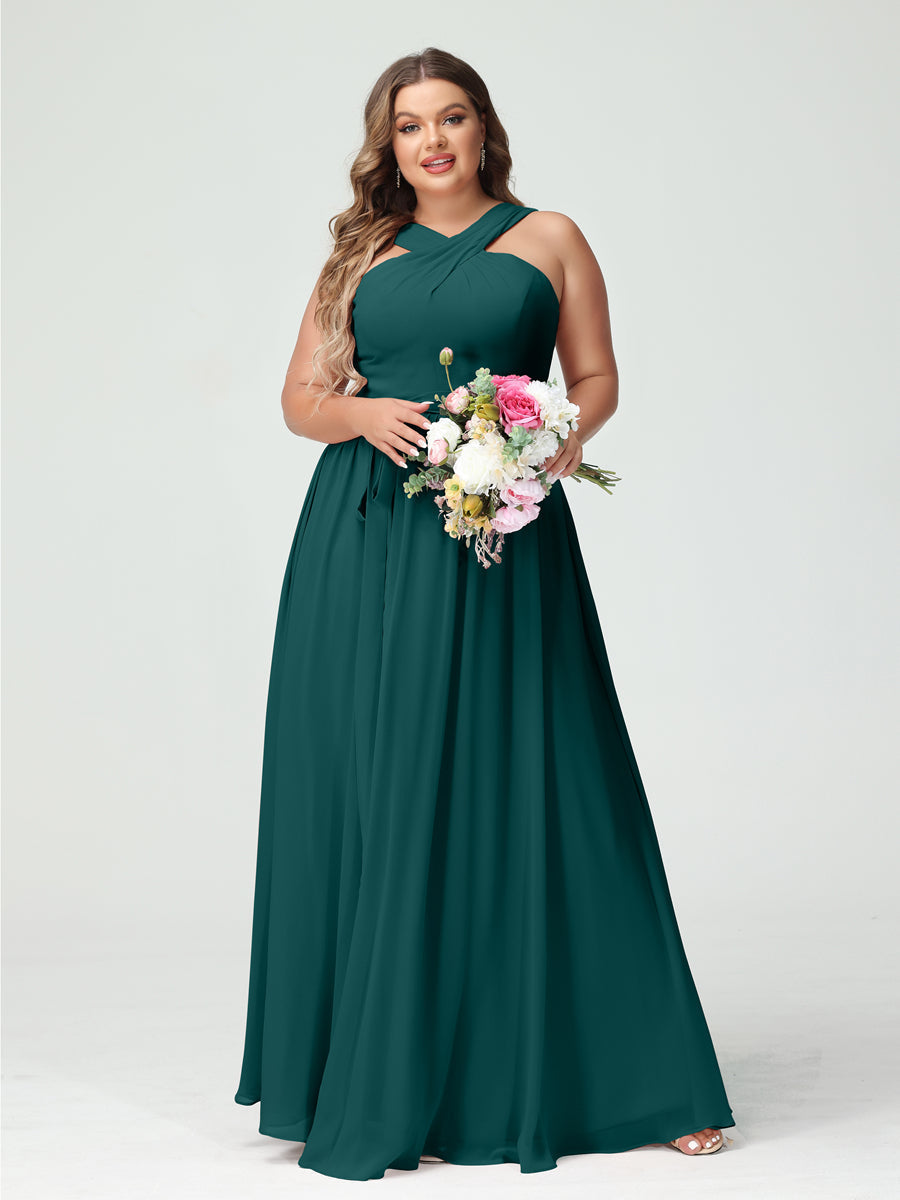 Sleeveless Plus Size Chiffon Bridesmaid Dress with Sash in A-Line/Princess Criss Cross Styles
