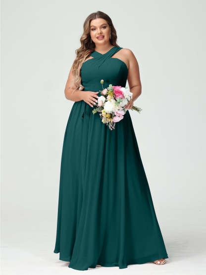 Sleeveless Plus Size Chiffon Bridesmaid Dress with Sash in A-Line/Princess Criss Cross Styles