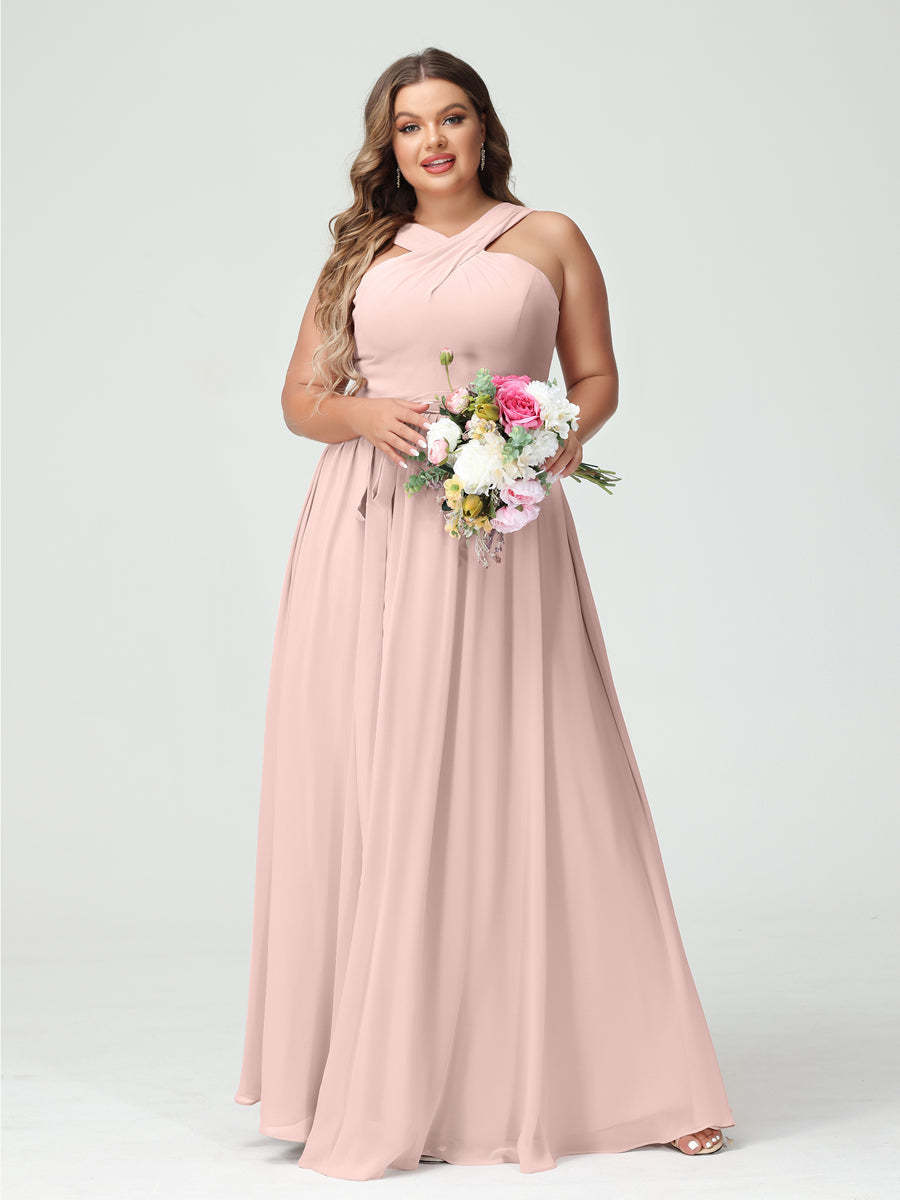 Sleeveless Plus Size Chiffon Bridesmaid Dress with Sash in A-Line/Princess Criss Cross Styles