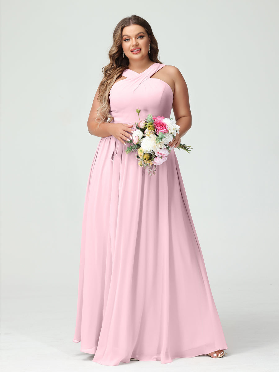 Sleeveless Plus Size Chiffon Bridesmaid Dress with Sash in A-Line/Princess Criss Cross Styles