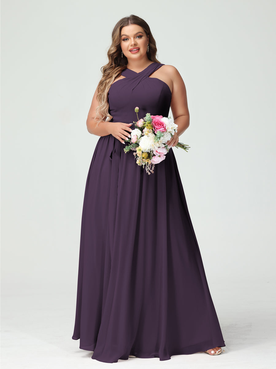 Sleeveless Plus Size Chiffon Bridesmaid Dress with Sash in A-Line/Princess Criss Cross Styles