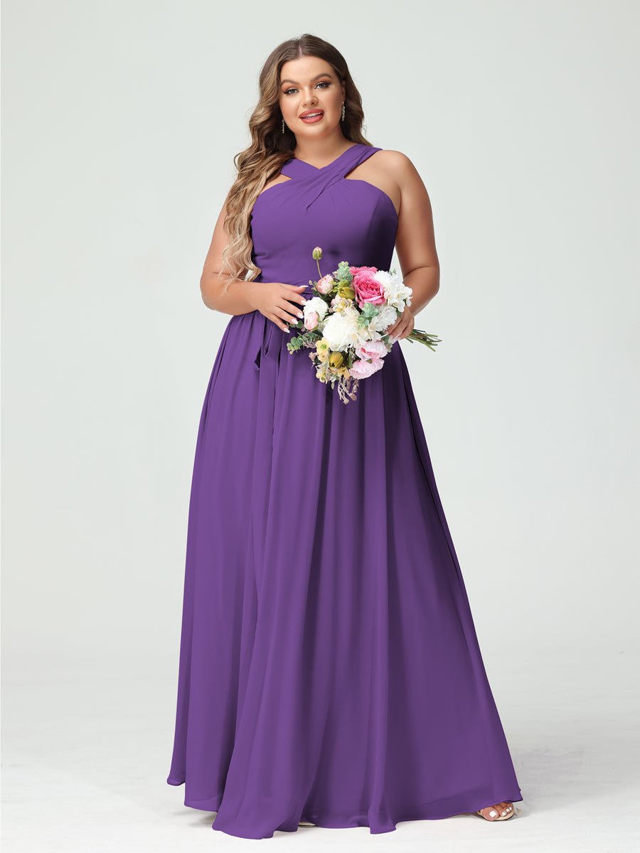Sleeveless Plus Size Chiffon Bridesmaid Dress with Sash in A-Line/Princess Criss Cross Styles