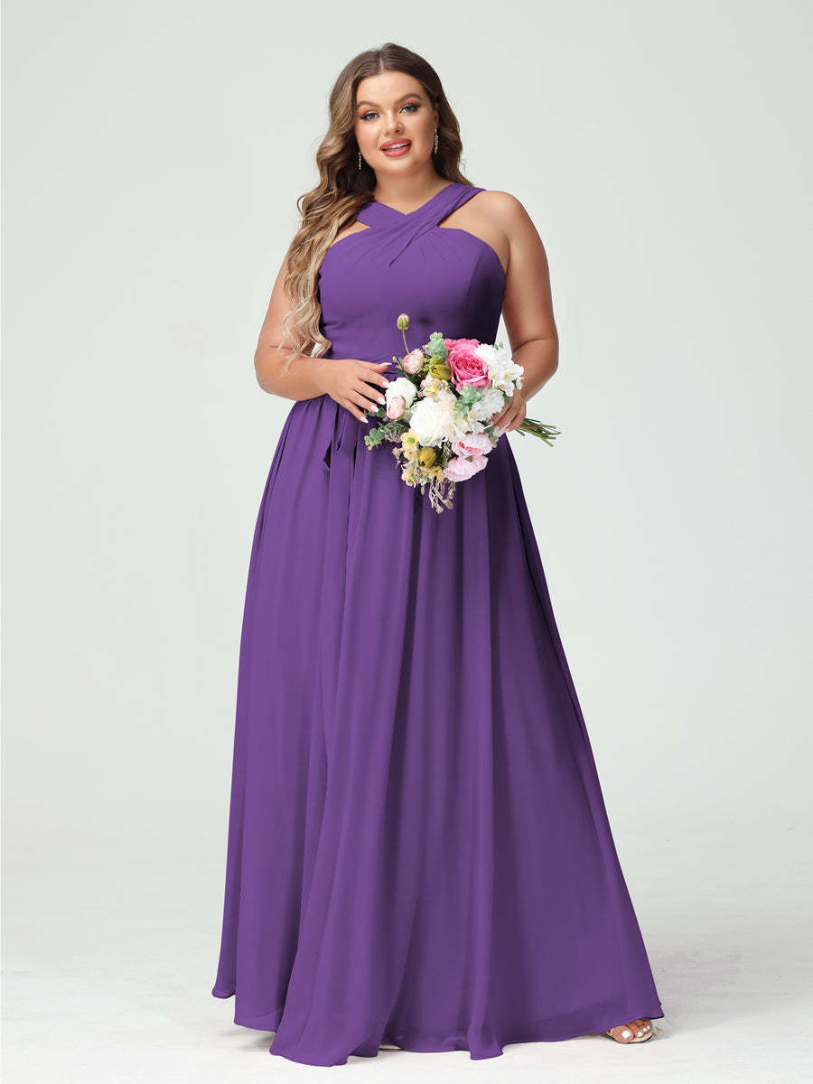 Sleeveless Plus Size Chiffon Bridesmaid Dress with Sash in A-Line/Princess Criss Cross Styles