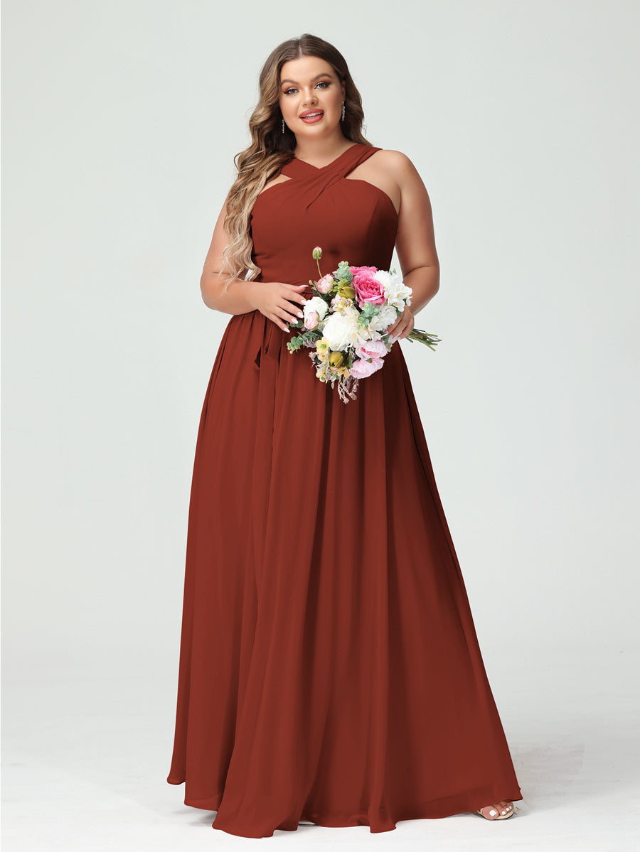 Sleeveless Plus Size Chiffon Bridesmaid Dress with Sash in A-Line/Princess Criss Cross Styles
