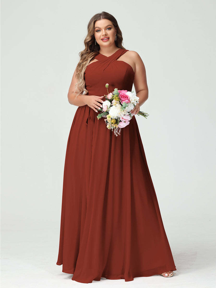 Sleeveless Plus Size Chiffon Bridesmaid Dress with Sash in A-Line/Princess Criss Cross Styles