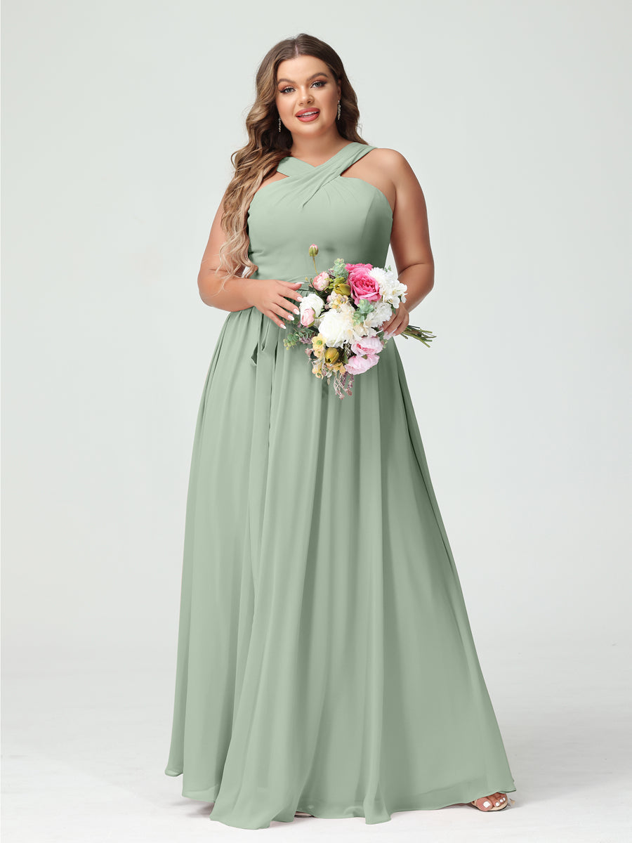 Sleeveless Plus Size Chiffon Bridesmaid Dress with Sash in A-Line/Princess Criss Cross Styles