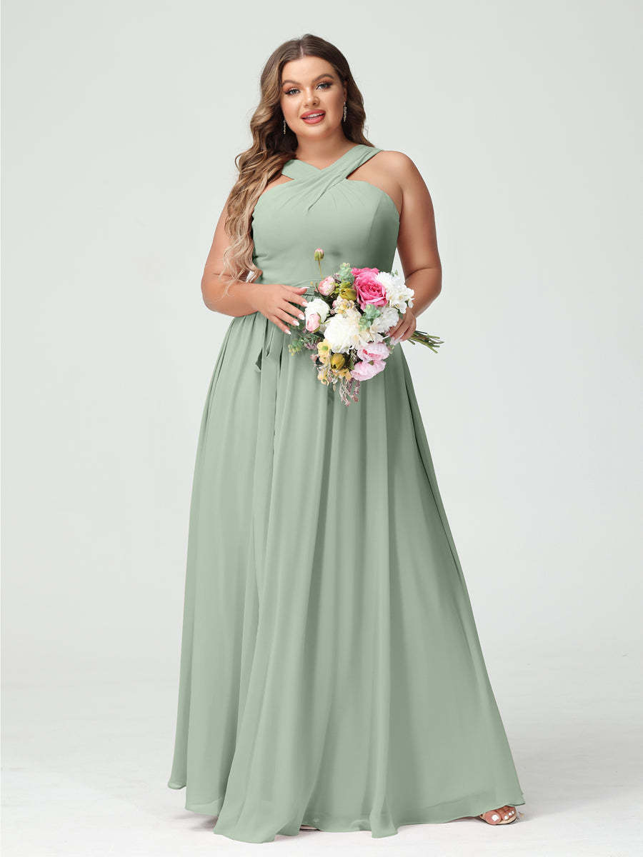 Sleeveless Plus Size Chiffon Bridesmaid Dress with Sash in A-Line/Princess Criss Cross Styles