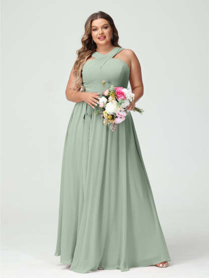 Sleeveless Plus Size Chiffon Bridesmaid Dress with Sash in A-Line/Princess Criss Cross Styles