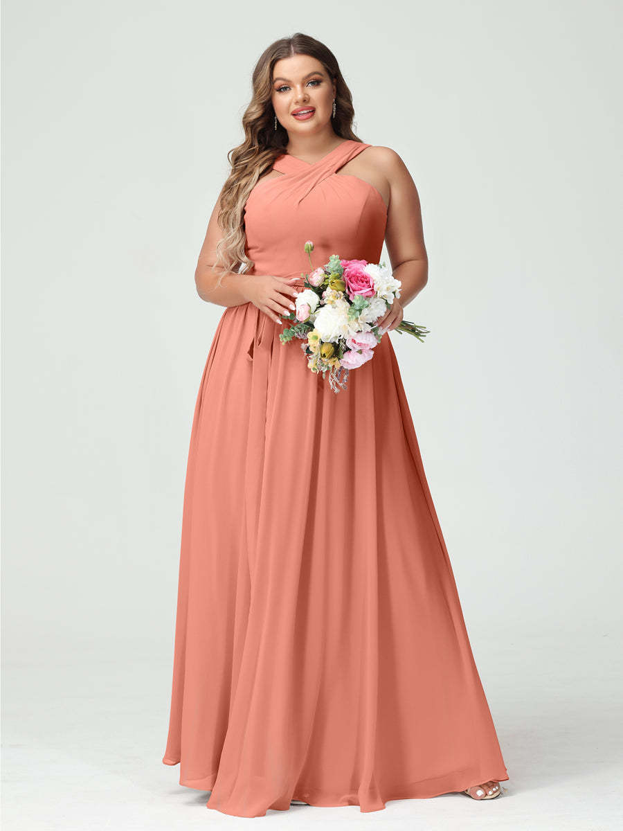 Sleeveless Plus Size Chiffon Bridesmaid Dress with Sash in A-Line/Princess Criss Cross Styles