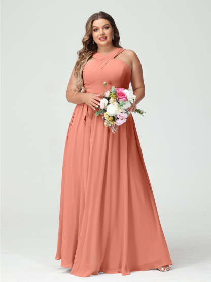 Sleeveless Plus Size Chiffon Bridesmaid Dress with Sash in A-Line/Princess Criss Cross Styles
