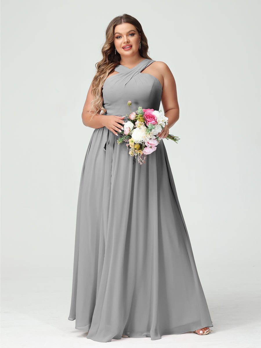 Sleeveless Plus Size Chiffon Bridesmaid Dress with Sash in A-Line/Princess Criss Cross Styles