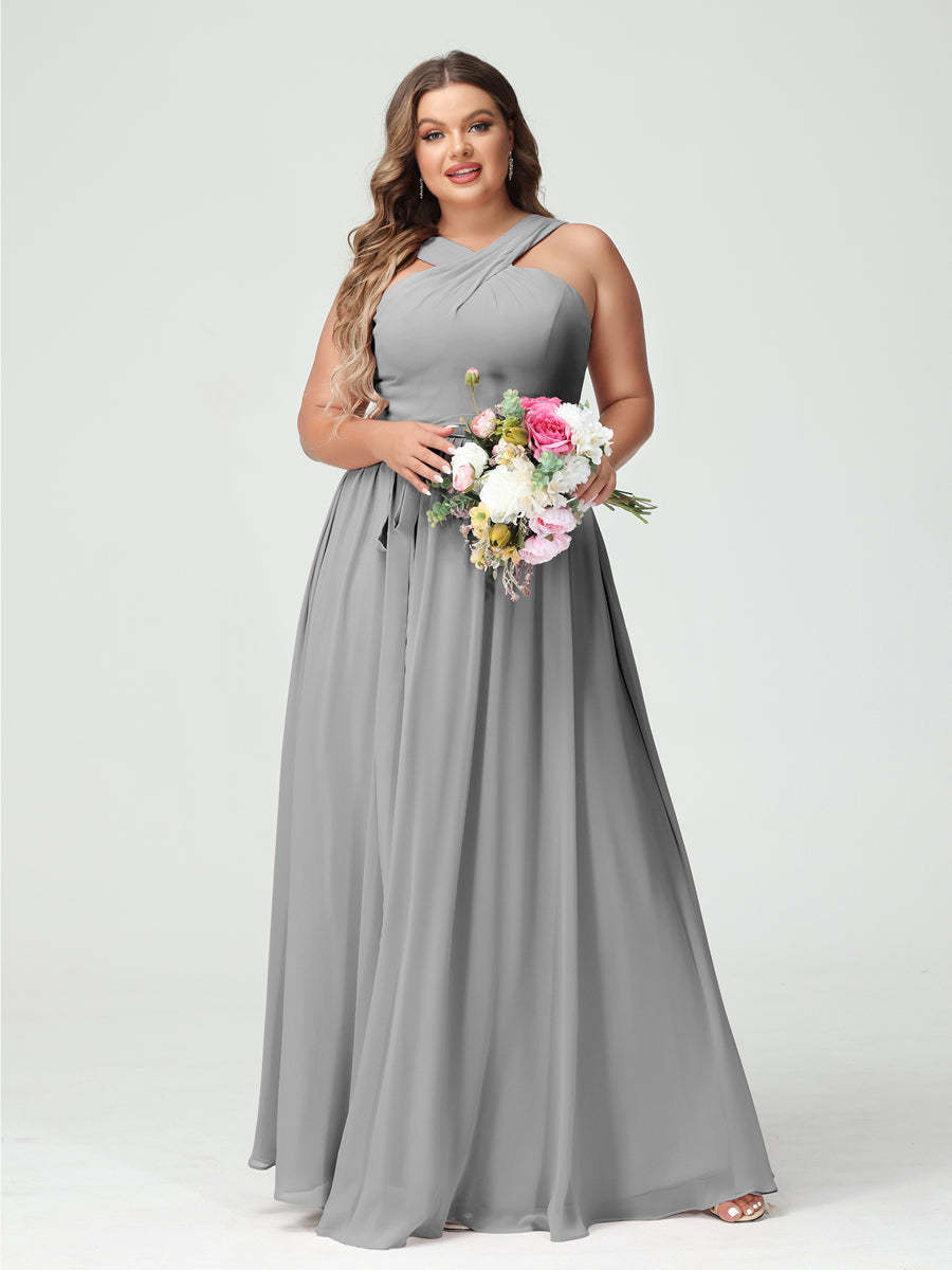 Sleeveless Plus Size Chiffon Bridesmaid Dress with Sash in A-Line/Princess Criss Cross Styles