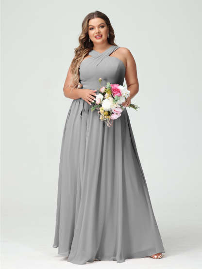 Sleeveless Plus Size Chiffon Bridesmaid Dress with Sash in A-Line/Princess Criss Cross Styles