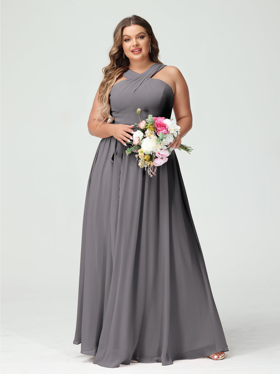 Sleeveless Plus Size Chiffon Bridesmaid Dress with Sash in A-Line/Princess Criss Cross Styles