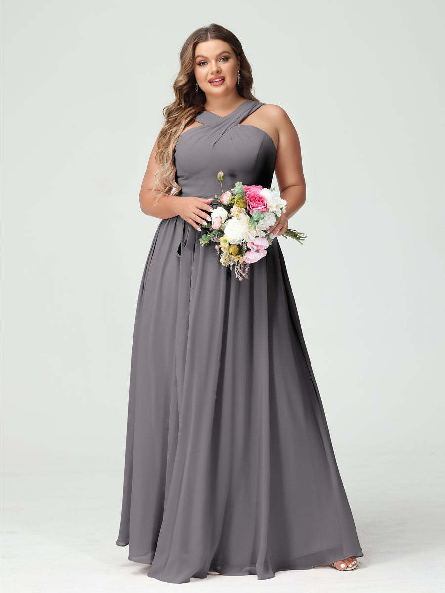 Sleeveless Plus Size Chiffon Bridesmaid Dress with Sash in A-Line/Princess Criss Cross Styles